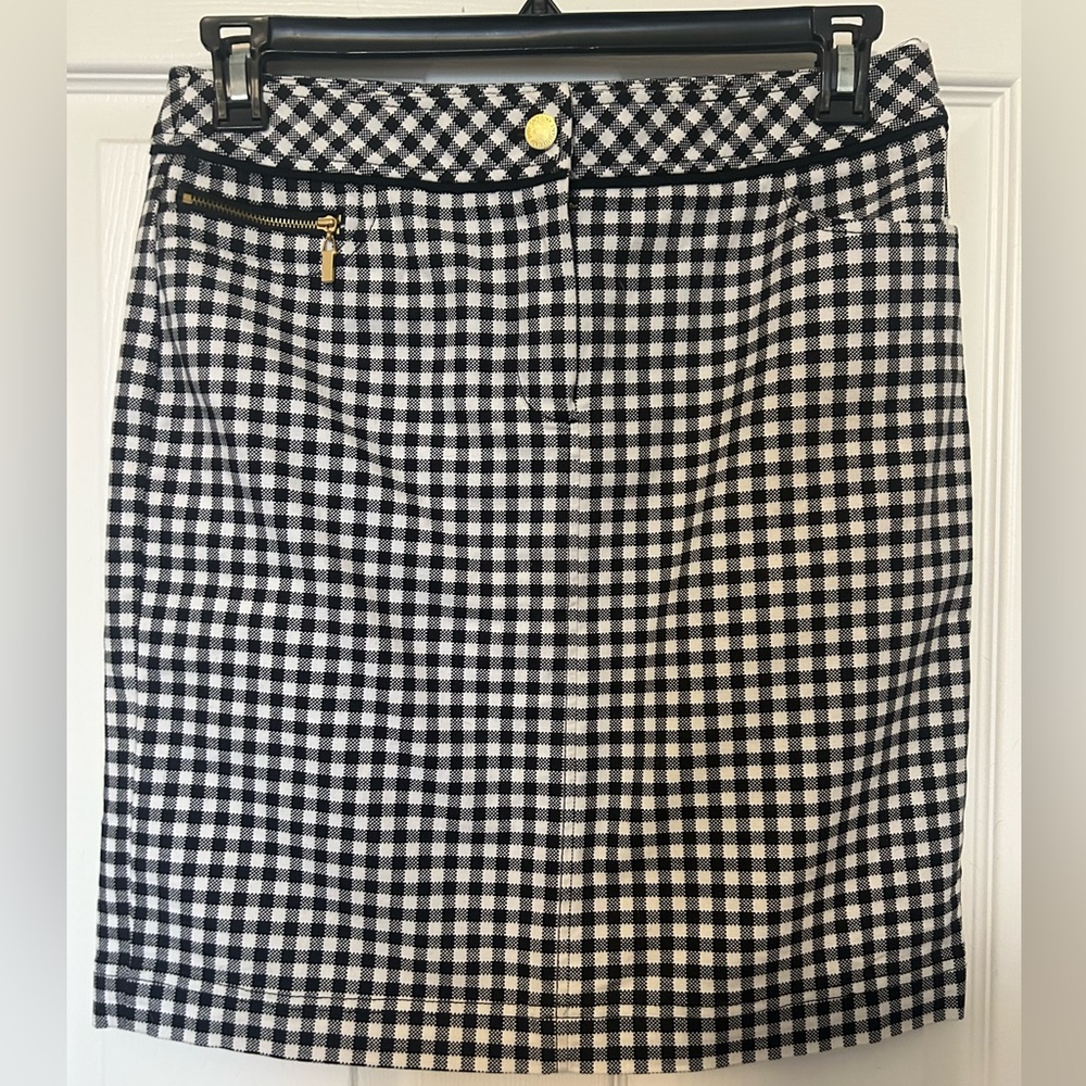 Jones New York Signature Black White Gingham Print Skirt Gold Embellishments